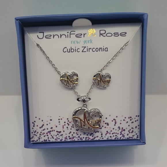 CZ Silver/Gold Plated Mom Heart Pendant Necklace With Matching Earrings Gift Set - Picture 2 of 7